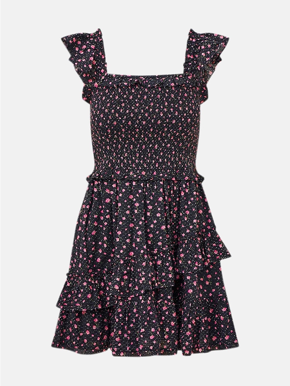 Loveshackfancy Aline Black Floral Smocked Flutter Sleeve Cotton Mini Dress M